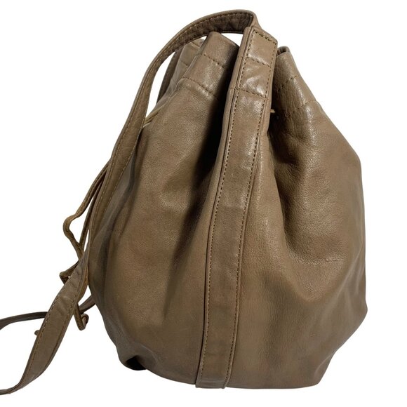 Brio! Taupe Leather Bucket Shoulder Bag Drawstring Adjustable Strap VTG 80s 90s - Picture 3 of 15